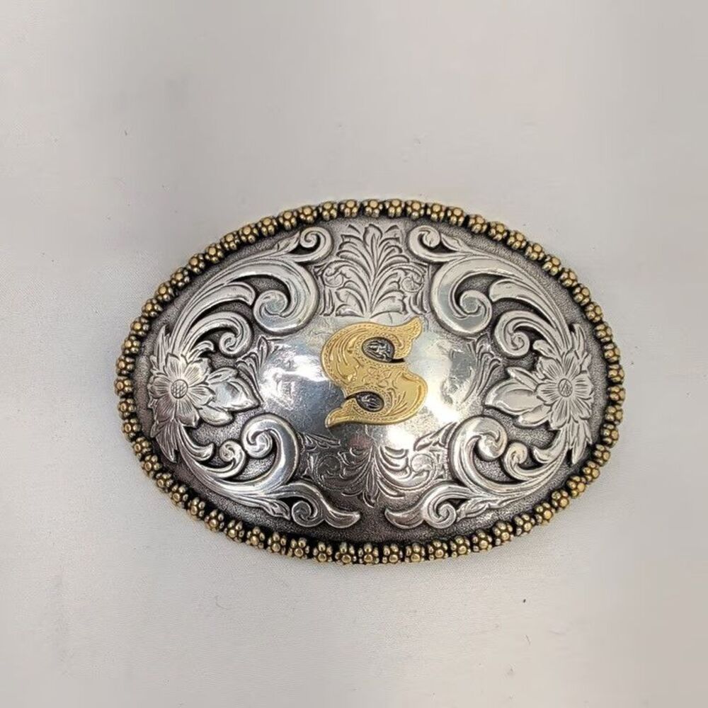 Nocona Initial S Belt Buckle Western Cowboy Two Tone Silver Gold Floral Oval